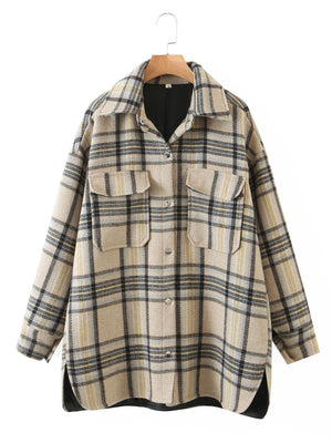 Blend Wool Brushed Plaid Pattern Shacket Collared Flannel Shirt Jacket on sale - SOUISEE