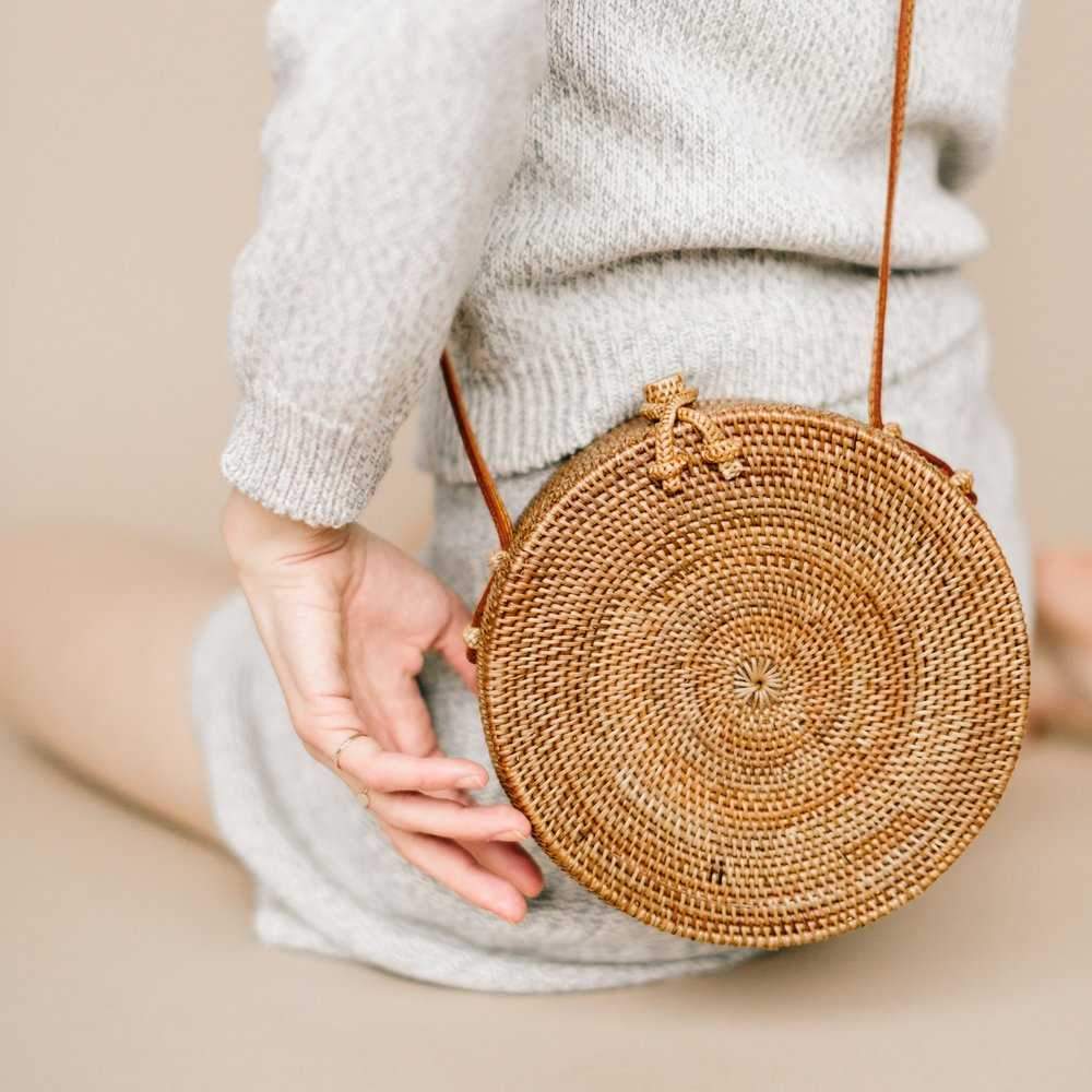 Boho Handmade Round Woven Handbag Bali Rattan Crossbody Beach Bag on sale - SOUISEE