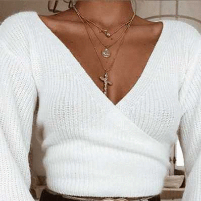 Oversized Tie Back Knitted Wrap Front Sweater Crop Tops on sale - SOUISEE