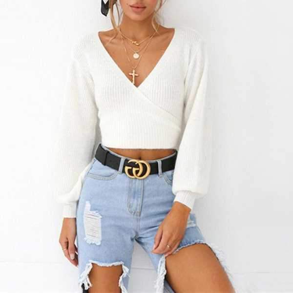 Oversized Tie Back Knitted Wrap Front Sweater Crop Tops on sale - SOUISEE
