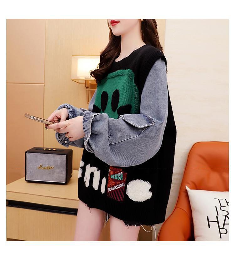 Y2k Smiley Face Fuzzy Embroidered Color Block Knit Denim Sweatshirt Coat