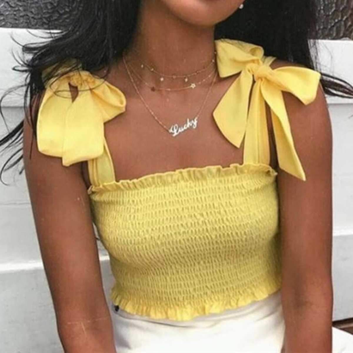 Curved Hem Trimmed Scrunch Tie Up Shoulder Ruched Crop Top Tanks on sale - SOUISEE