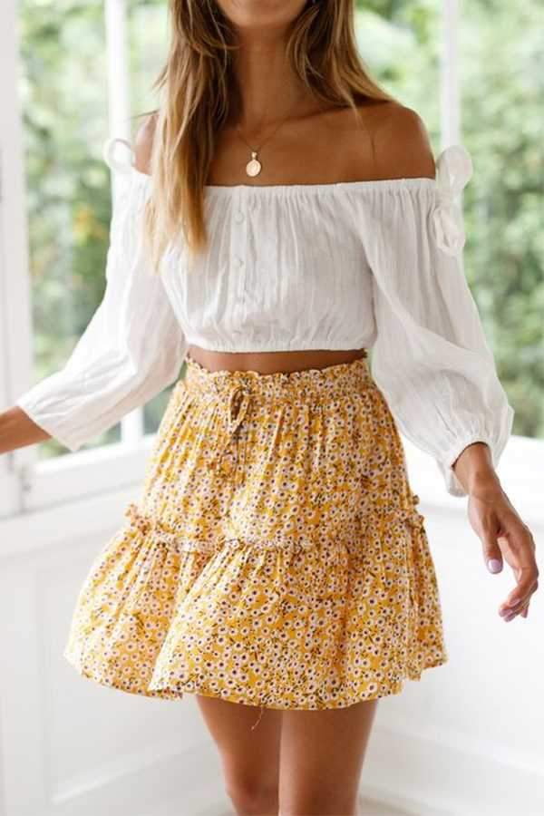 Elastic Fitting Boho Tie Front High Waist Layered Ruffle Floral