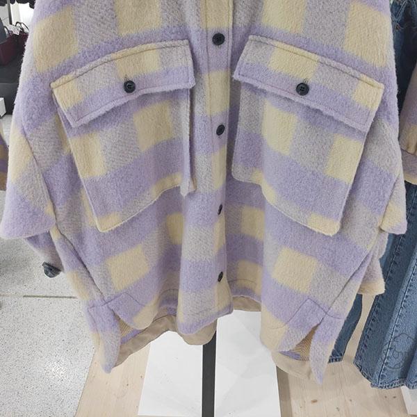 Checked Collared Overshirt Patch Pocket Wool Blend Tweed Jacket on sale - SOUISEE
