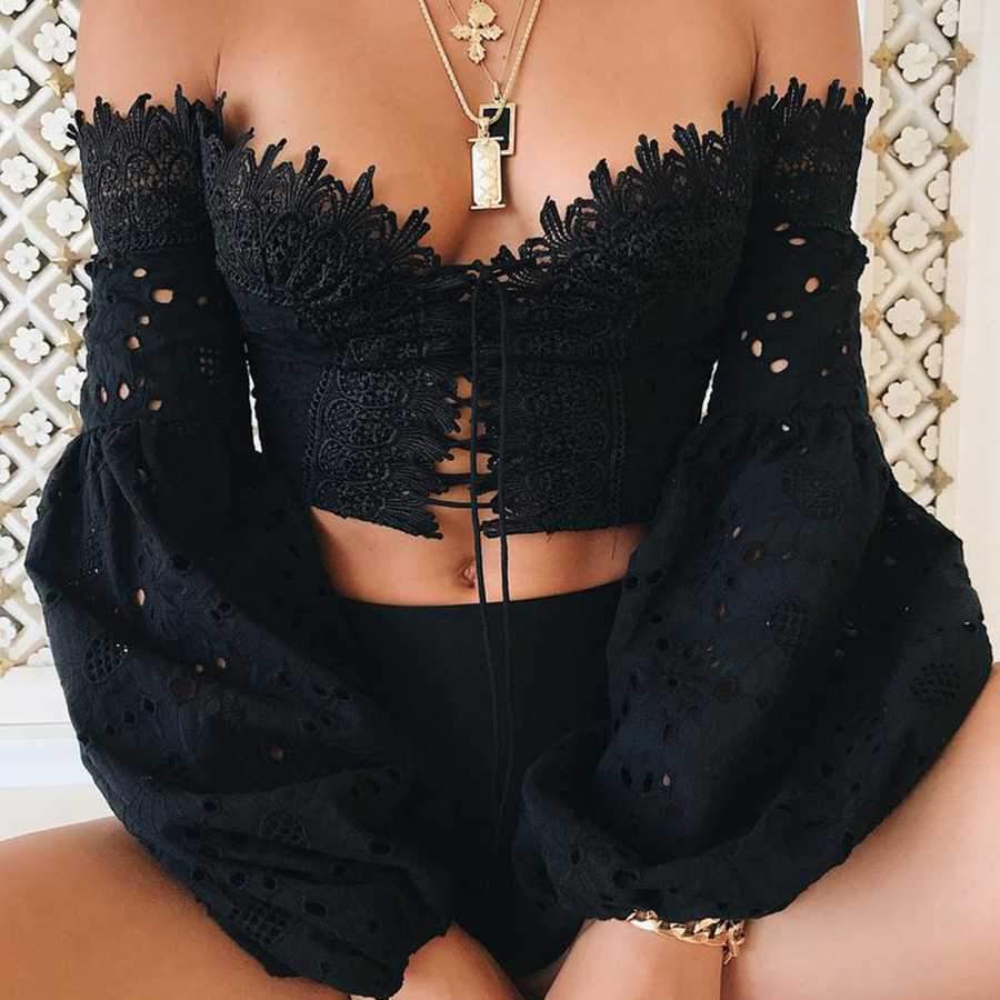 Eyelet Lace Crop Top Off Shoulder Puff Sleeve on sale - SOUISEE